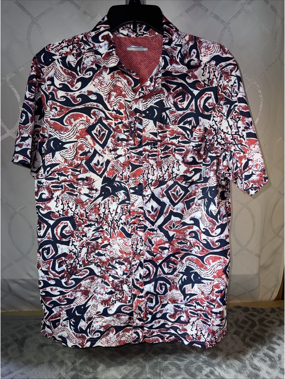 Columbia PFG Fishing Shirt Mens S Red White Navy Excellent Marlin Omni-Shade